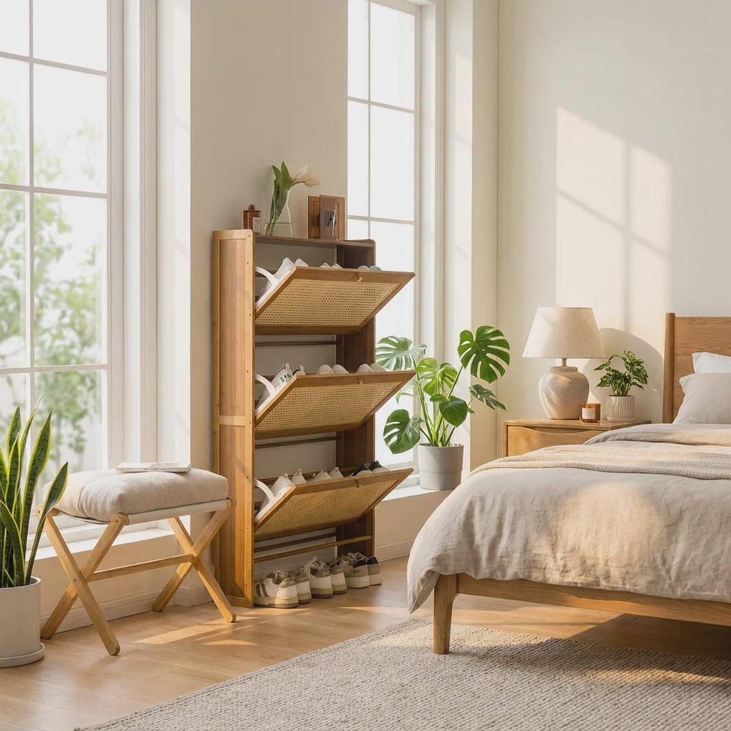Wooden Rattan Flip-Drawer Cabinet